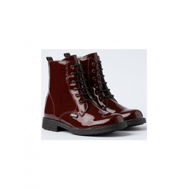 Botas militares con cremallera y cierre de cordones acabado charol burdeos.  T: 33-40.