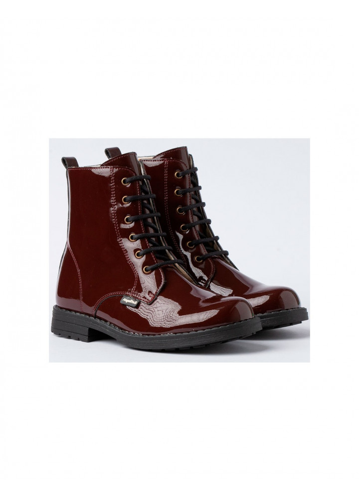 Botas militares con cremallera y cierre de cordones acabado charol burdeos.  T: 33-40.